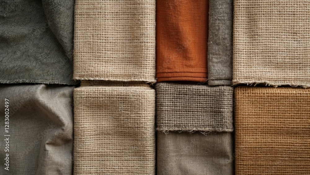 Poster Textiles in various colors and textures arranged in a flat lay composition showcasing natural fabric materials