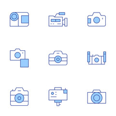 Camera icons set. Line Duotone style, editable stroke. camera, video camera, underwater camera, photo camera, digital camera