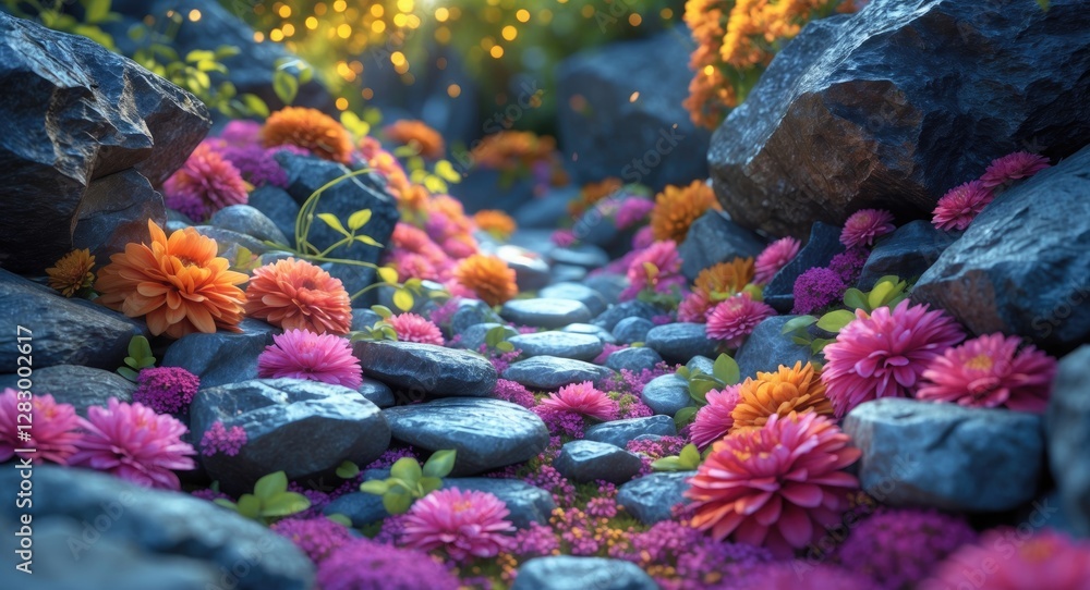 Poster vibrant flower garden path with colorful blossoms and stones in natural setting illuminated by soft 