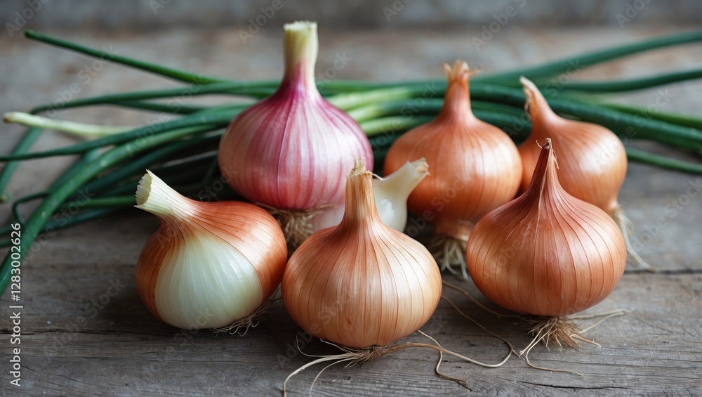 Poster mixed variety of fresh onions including red and yellow onions arranged on a rustic wooden surface wi