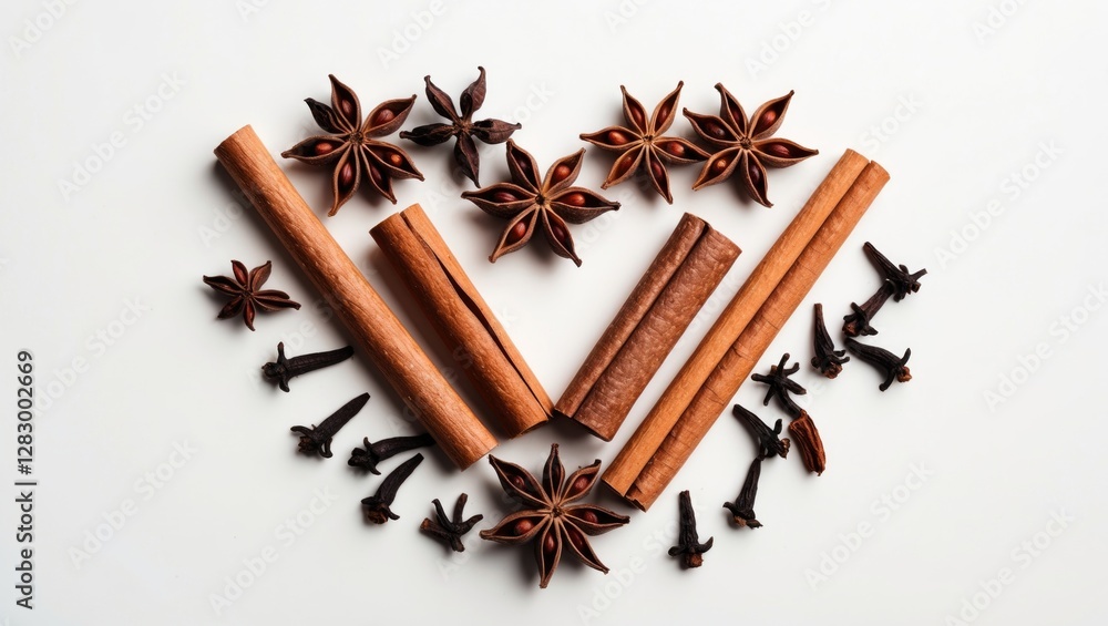 Poster cinnamon sticks and star anise arranged in a heart shape on a white background showcasing aromatic s
