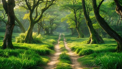 Naklejka premium Lush green forest path with vibrant trees, dappled sunlight filtering through foliage, serene landscape with winding dirt trail