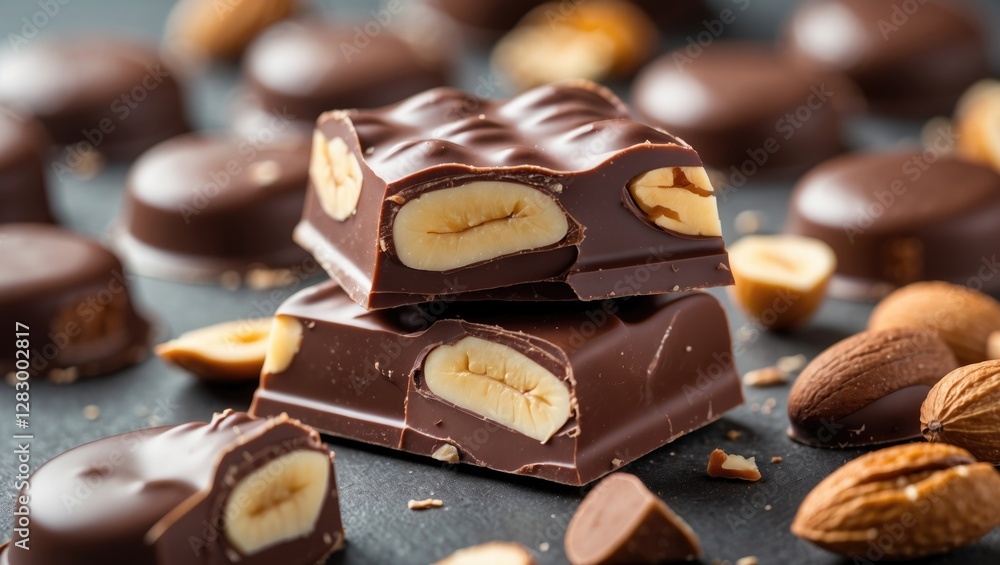 Poster chocolate bars with banana filling and whole almonds on a dark background, surrounded by assorted ch