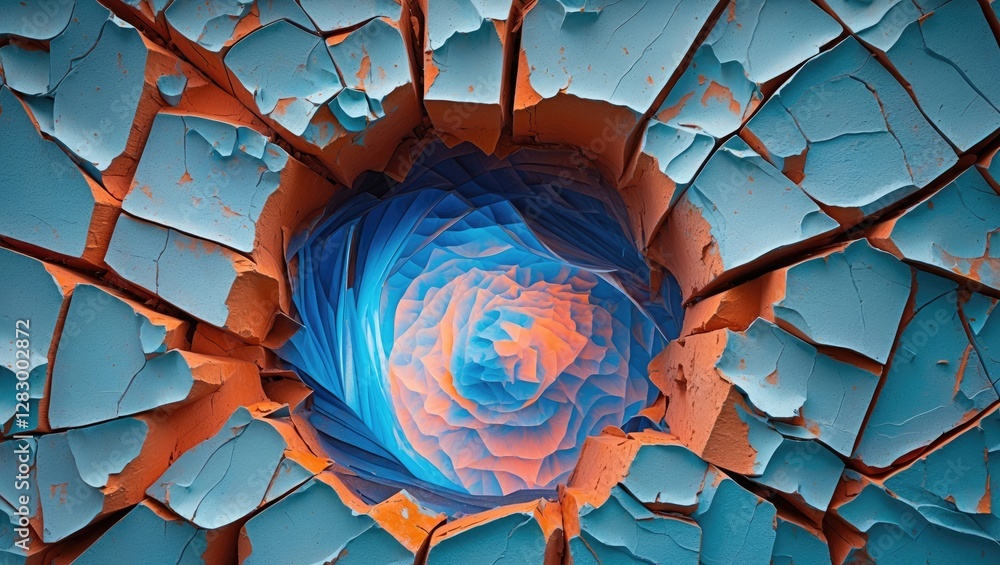 Fototapete abstract textured background featuring cracked blue and orange layers with a circular opening reveal