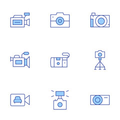 Camera icons set. Line Duotone style, editable stroke. video camera, camera flash, camera, security camera, photo camera, disposable camera