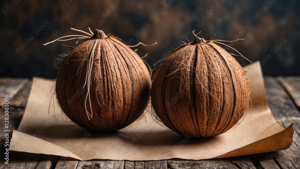 Poster coconuts on a wooden table with textured surface and soft natural lighting emphasizing their brown s