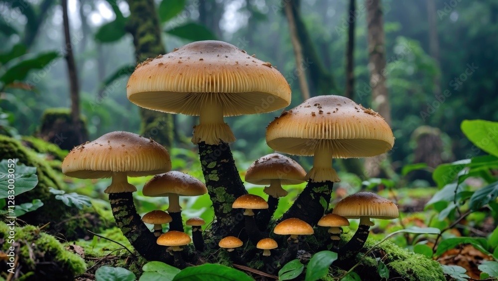 Poster mushroom cluster in a tropical forest with varying sizes and shapes against lush green foliage and a