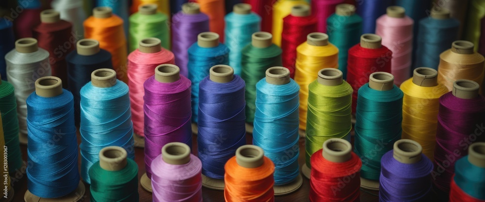 Poster Colorful spools of sewing thread arranged in rows showcasing various hues and shades in a textile workshop setting