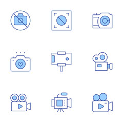 Camera icons set. Line Duotone style, editable stroke. video camera, camera, no photo, movie camera, smartphone, auto focus