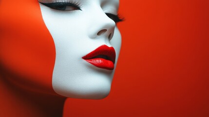 Striking contrast of bold red lips and smooth white face against vibrant orange backdrop