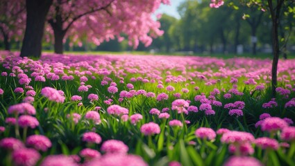 Obraz premium Vibrant pink flower field in a park with green grass and trees under sunlight during springtime season