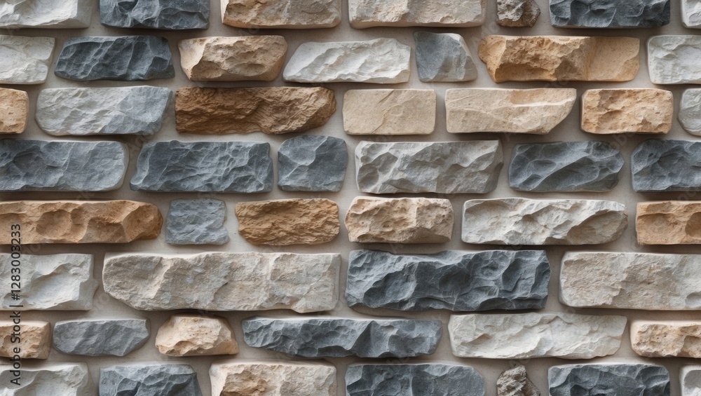 Aufkleber Textured stone wall with a mix of light and dark stones in an alternating pattern for architectural and interior design backgrounds