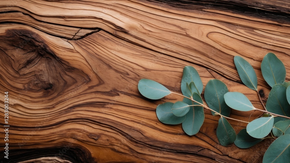 Poster eucalyptus leaves on natural wooden surface with rich texture and patterns in a minimalist arrangeme