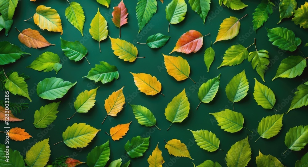 Poster colorful assortment of various autumn leaves arranged on a dark green background showcasing diverse 