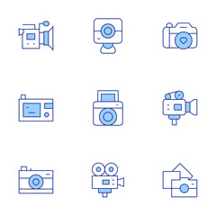 Camera icons set. Line Duotone style, editable stroke. video camera, photo camera, instant camera, video production, camera, film, photography