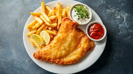 A deconstructed fish and chips dish, where the crispy fish fillet, hand-cut fries, and condiments are arranged separately on a modern white plate