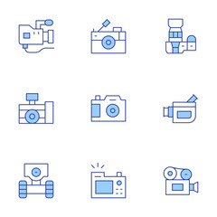 Camera icons set. Line Duotone style, editable stroke. video camera, robot, reporter, camera