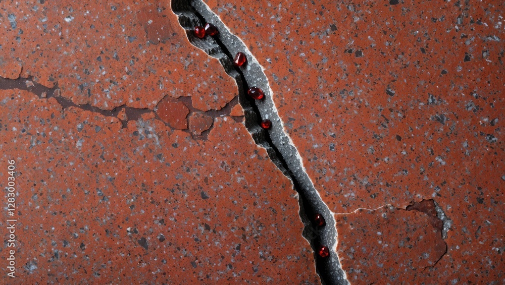 Poster cracked concrete surface with red beads highlighting the fissures in a textured orange background