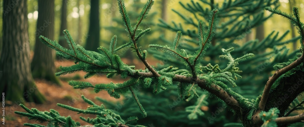 Aufkleber close-up of green coniferous tree branches in a dense forest with soft natural lighting and blurred 