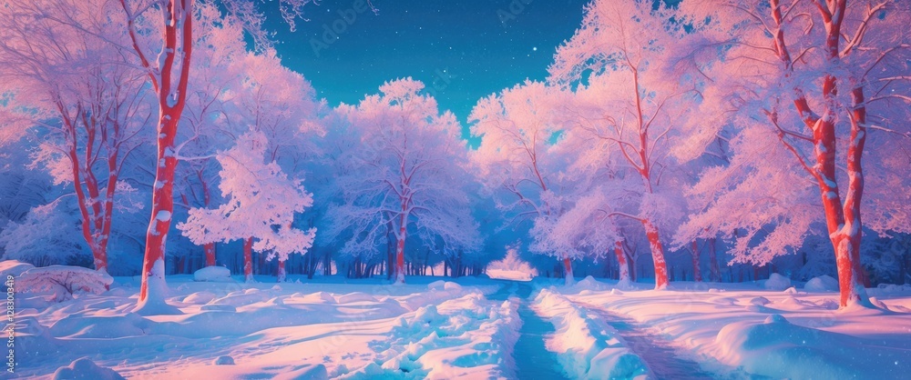 Poster winter landscape with snow-covered trees and a winding path under a starry sky at twilight