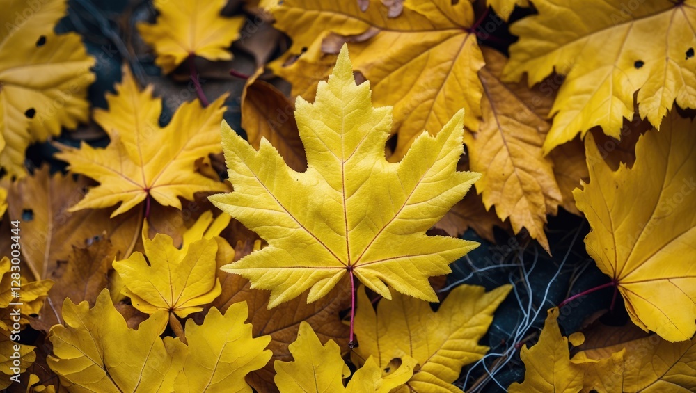 Poster yellow maple leaves scattered on the ground during autumn season creating a textured background