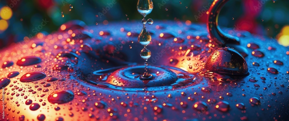 Poster Close-up of water droplets on a shiny surface with shallow depth of field and colorful bokeh background in evening light.