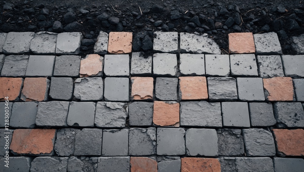 Poster Textured pavement design featuring interlocking gray and orange square stones in a checkerboard pattern on a dark surface.