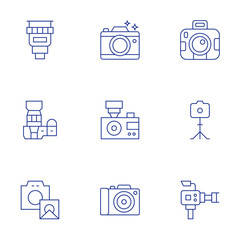 Camera icons set. Thin Line style, editable stroke. camera T, camera lens, video camera, photo camera, camera