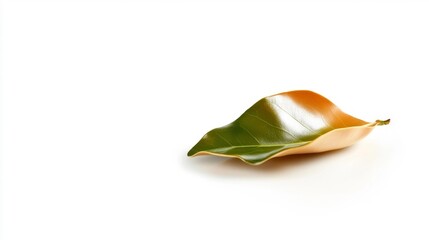 Fototapeta premium Single magnolia leaf with vibrant color on a white isolated background. Generative AI