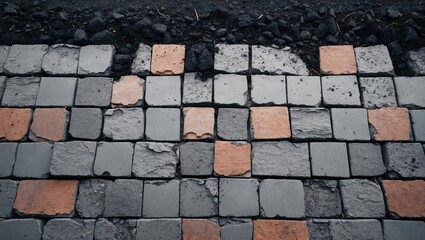 Textured pavement design featuring interlocking gray and orange square stones in a checkerboard pattern on a dark surface.