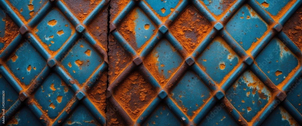 Poster rusty blue metal surface with diamond pattern and weathered texture showcasing corrosion and paint d