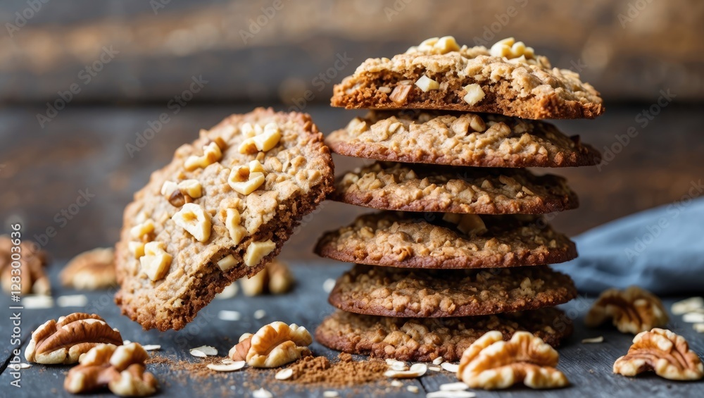 Poster Oatmeal cookies stacked with chopped nuts on rustic wooden background. Crumbled cookies and walnuts scattered around.