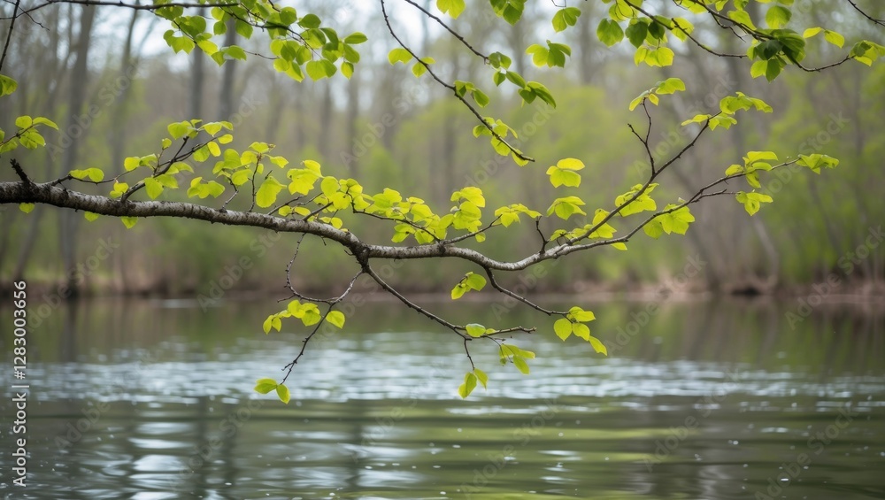 Poster Green leaves on a branch over calm water with reflections in a natural forest setting during spring season