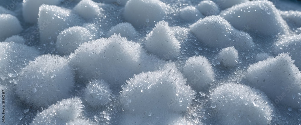Poster detailed close-up of crystalline snow formations with ice droplets on the surface reflecting light c