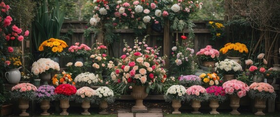 Vibrant Flower Garden Display Featuring Colorful Blooms and Stylish Planters with Space for Text Overlay