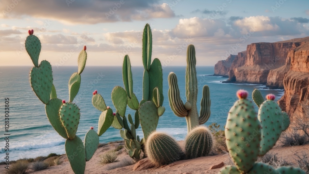 Poster scenic coastal landscape featuring prickly pear and organ pipe cactus with ocean view and space for 