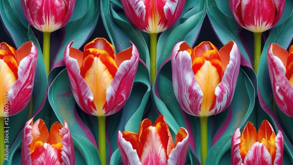 Poster vibrant abstract background featuring a stunning pattern of tulip flowers with lush green leaves cre