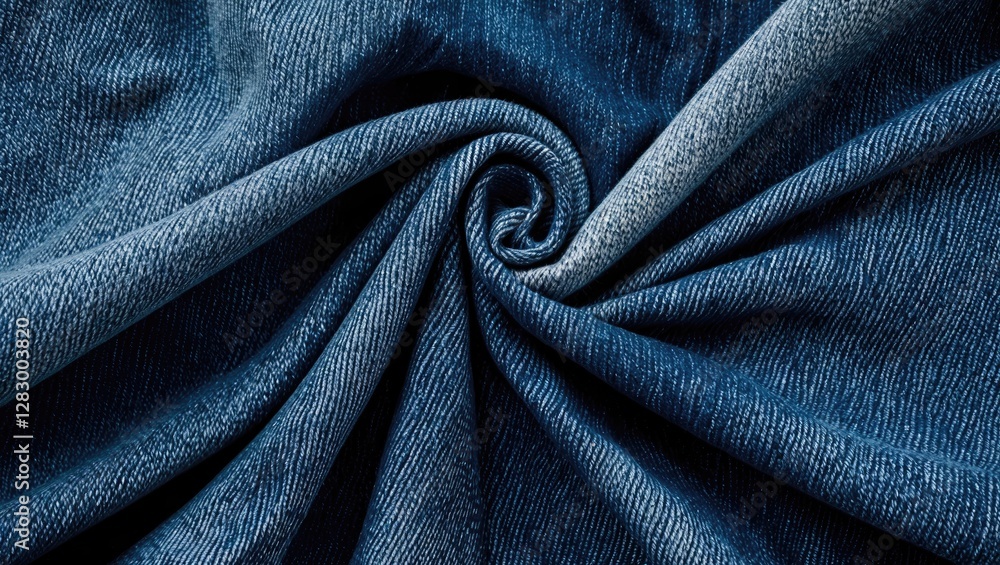 Poster close-up of blue denim fabric twisted in a spiral showcasing texture and weave details for textile b