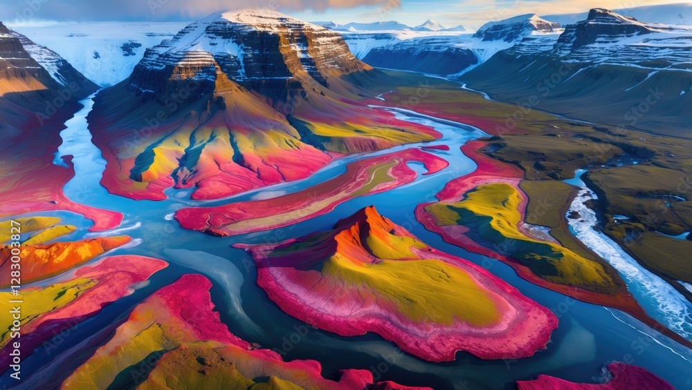Poster aerial view of vibrant multicolored river flowing through mountainous landscape in iceland during da