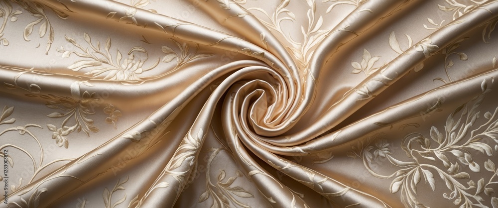Poster embroidered silk fabric with floral pattern elegantly arranged in a spiral layout showcasing texture