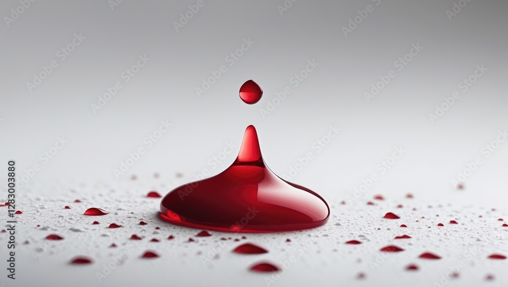 Poster Red liquid droplets on a reflective surface with a central larger droplet and smaller droplets surrounding it