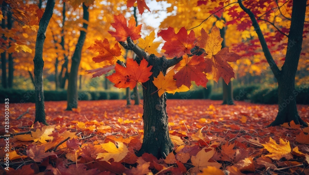 Poster autumn landscape with vibrant orange and red maple leaves on trees and ground in a park setting
