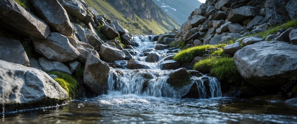 Poster mountain stream flowing between rocks with lush greenery in a serene natural landscape during daylig