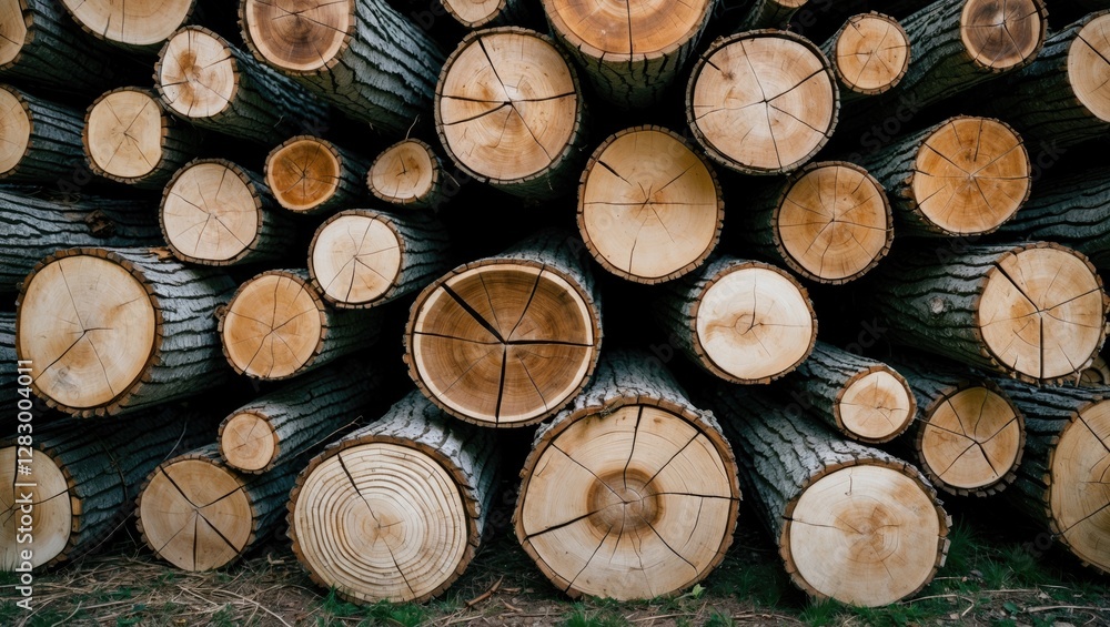 Poster cut tree logs stacked in a neat arrangement displaying varying diameters and wood grain textures on 