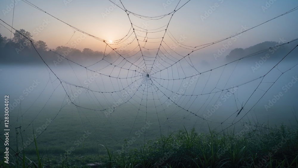 Poster spider web in a foggy field at dawn with sunlight illuminating the misty landscape and surrounding f