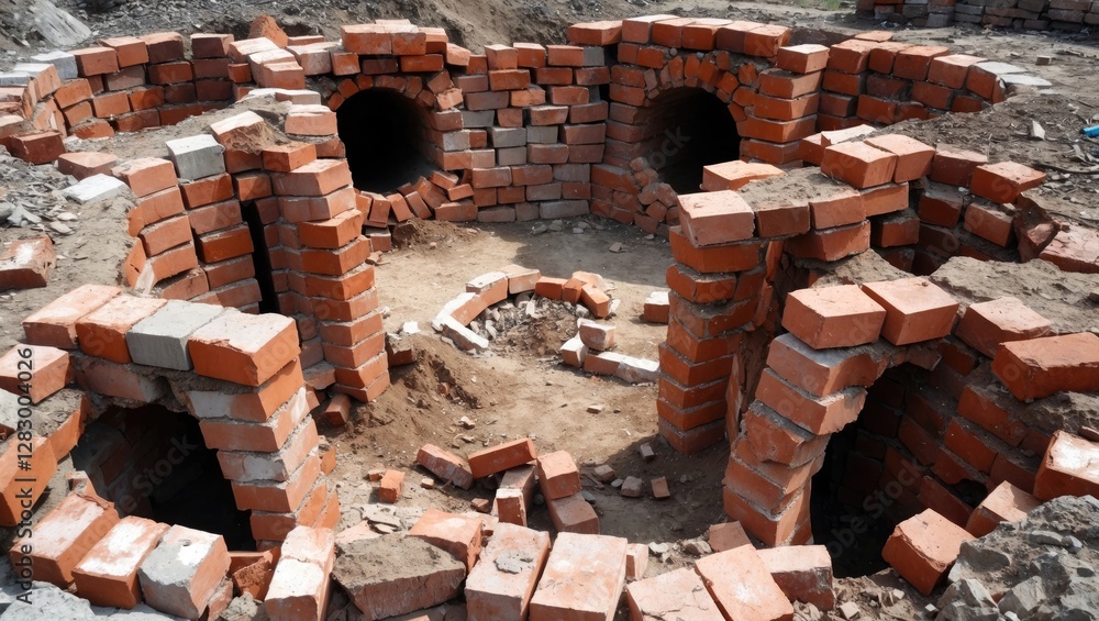 Poster construction site with partially built brick structure featuring stacked red bricks and hollow openi