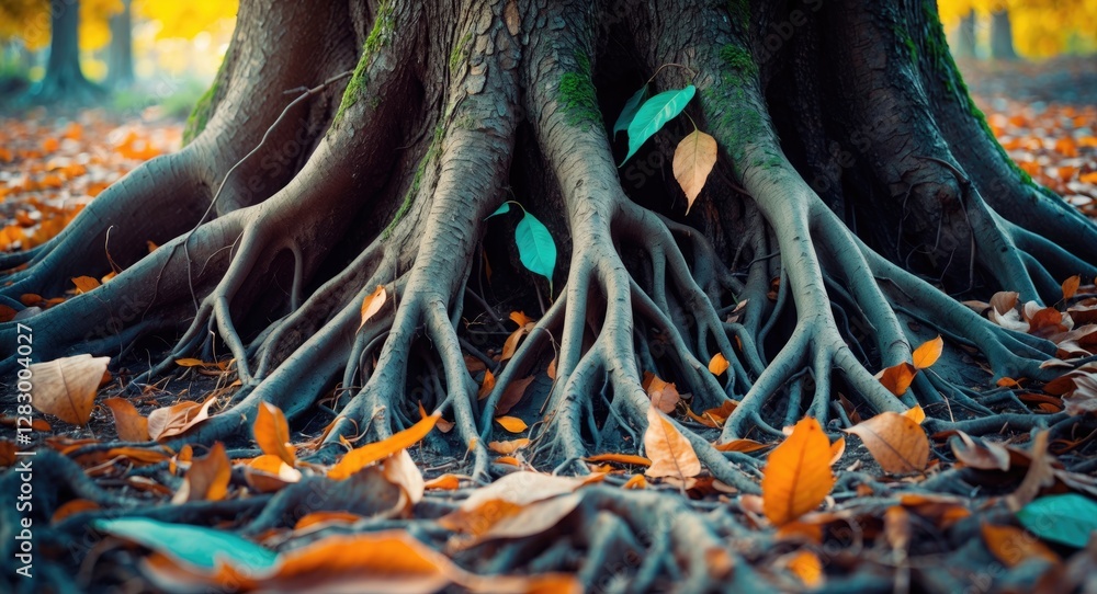 Poster Tree roots in autumn with fallen leaves and colorful foliage, showcasing the intricate texture and natural environment.