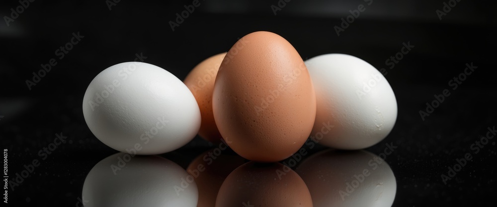 Poster Assorted fresh eggs on a reflective surface with dark background showcasing different colors and sizes of eggs.