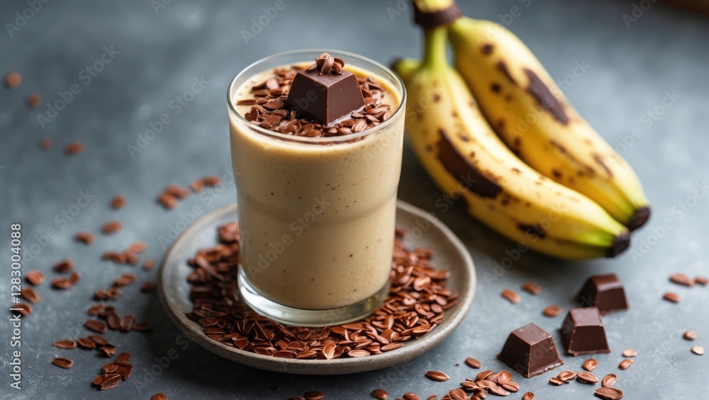 Poster delicious banana smoothie with chocolate topping surrounded by fresh bananas on a rustic table with 