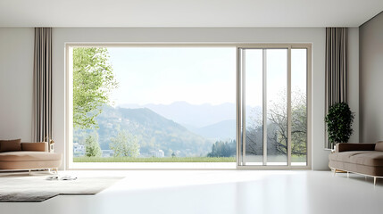 Modern Living Room Interior With Large Window Offering Mountain View and Bright Daylight